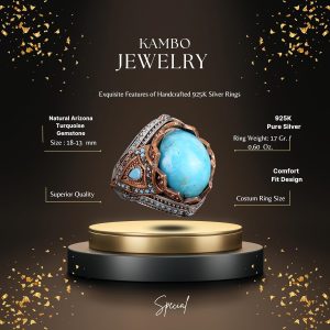 Gerçek Doğal Arizona Turkuaz Taş Yüzük, Kral Yüzüğü, Sultan Yüzüğü, 925 Ayar Gümüş Yüzük Erkekler İçin - Görsel 2