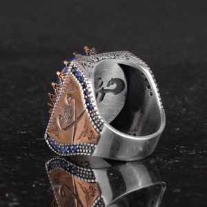 925 Ayar Gümüş İslami Yüzük, Yapay Taş Yüzük, El Yapımı Hat Yazılı Yüzük (Yapay Mavi Topaz) - Görsel 7