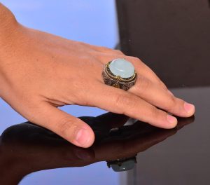 El Yapımı Vintage Tasarım Zümrüt Yüzük - 925 Ayar Gümüş Erkek Yüzük Altın Aksanlı (Akvamarin) - Görsel 6