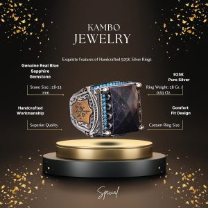 Gerçek Mavi Safir Dikdörtgen Taş Yüzük, 15.45 Karat, İslami Yüzük, 925 Ayar Gümüş Erkek Yüzük - Görsel 2