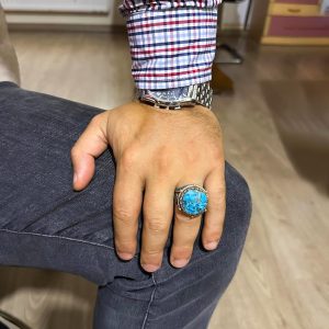 Gerçek Doğal Turkuaz Taşı ile Üretilmiş Gümüş Erkek Yüzük, Ayrıntılı Bronz Kaplama Aksamlar - Görsel 3