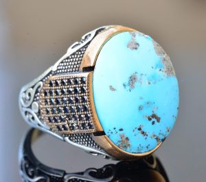Doğal Arizona Turkuaz Taşlı Sterlin Gümüş Erkek Yüzük - Görsel 3