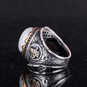 Doğal Cabochon Akuamarin Taş Yüzük, Osmanlı İmparatorluğu Tuğra Gümüş Yüzük, Huzur Temalı 925K Katı Gümüş Erkek Yüzük - Görsel 7