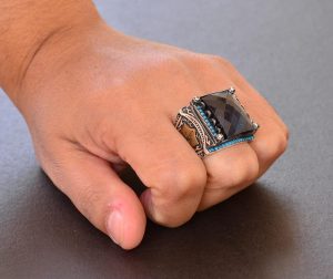 Gerçek Mavi Safir Dikdörtgen Taş Yüzük, 15.45 Karat, İslami Yüzük, 925 Ayar Gümüş Erkek Yüzük - Görsel 7