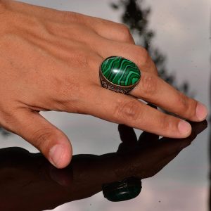 Doğal Malakit Taşı Erkek Yüzüğü - Büyük 925 Ayar Gümüş El Yapımı Yüzük - Görsel 6