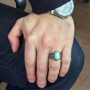 925 Ayar Gümüş Erkek Yüzük, Doğal Arizona Turkuaz Taşlı Yüzük, Pençe Yüzük - Görsel 3