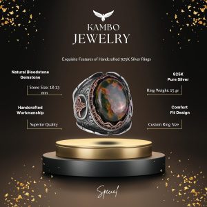 Osmanlı Tuğra Gümüş Yüzük, 925 Ayar Sterlin Gümüş Yüzük, Gerçek Doğal Yeşil Kan Taşı Yüzük Erkekler İçin - Görsel 2