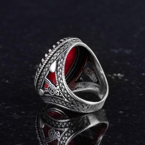 Gerçek Doğal Yakut Taşlı Yüzük - Osmanlı Tuğra Deseni - 925 Ayar Sert Gümüş Yüzük - Görsel 6