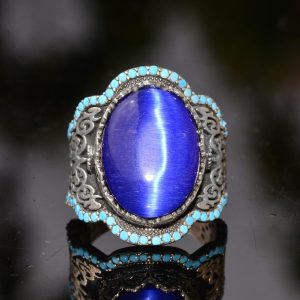 El Yapımı Mavi Kedi Gözü Yüzük Turkuaz Yapay Taş  ile - 925 Ayar Gümüş Erkek Takısı - Görsel 5