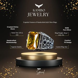 925 Ayar Gümüş Doğal Citrine Taşlı Erkek Gümüş Yüzük, Citrine Taşlı Erkek Yüzüğü, El Yapımı Oymalı Erkek Gümüş Yüzük, Türk Gümüş Yüzüğü, Sarı - Görsel 2