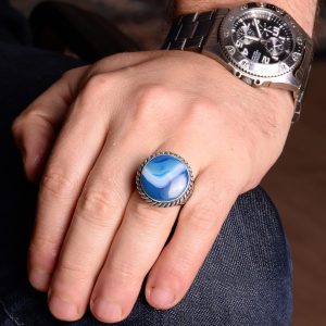 Gerçek Doğal Mavi Akik Taşı Yüzük, 925 Ayar Gümüş Yüzük, Gerçek Taş Yüzük - Görsel 6