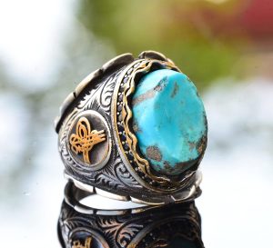 Gerçek Arizona Turkuaz Taşlı Yüzük, Osmanlı İmparatorluğu, Sterlin Gümüş Yüzük, Mavi - Görsel 3