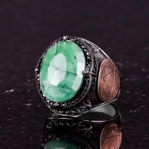 İslami Gümüş Yüzük, Doğal Zümrüt Taşlı Yüzük - 925 Ayar Sert Gümüş Yüzük Erkekler İçin - Görsel 6