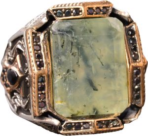 Gerçek Prehnit Yeşim Taşı Yüzük - Ayar Gümüş Erkek Bant Yüzüğü - Görsel 1