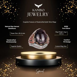 925 Ayar Gümüş Erkek Yüzük Doğal Yıldız Granat Taşı ile - El Yapımı Vintage Gümüş Takı Erkekler İçin - Görsel 2