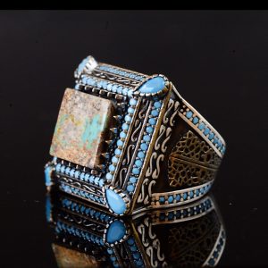 Doğal Turkuaz Taş Yüzük, Kare Tasarım - 925 Ayar Gümüş Erkek Yüzüğü, El Yapımı Şıklık - Görsel 3