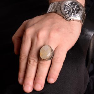 Gerçek Doğal Rutil Kuvars Taşı Erkek Yüzük, 925 Ayar Gümüş Yüzük, Altın Rutil Yüzük - Görsel 3