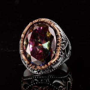 Mistik Topaz Yapay Taş, 925 Ayar Gümüş Erkek Yüzük, El Yapımı Erkek Yüzüğü - Görsel 4