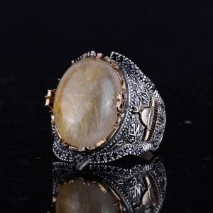 Doğal Cabochon Altın Rutilli Kuvars Taşı Camisi Yüzüğü, 925 Ayar Katı Gümüş Erkek Yüzüğü - Görsel 5