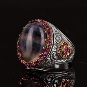 Gerçek Doğal Florit Taş Yüzük, Kral Yüzük, El Yapımı Yüzük, 925 Ayar Gümüş Yüzük Erkekler İçin - Görsel 5