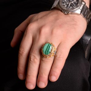 Doğal Malakit Taşı, 925 Ayar Gümüş Erkek Yüzük - Görsel 3