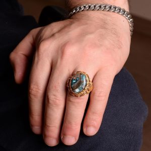 Gerçek Doğal Azurit Taşı Yüzük, El Yapımı Yüzük, 925 Ayar Gümüş Yüzük Erkekler İçin - Görsel 3