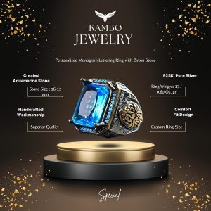 925 Ayar Gümüş Erkek Yüzük, Yapay Akuamarin Taşı ve Karmaşık Oymalı Tasarım ile - Görsel 2
