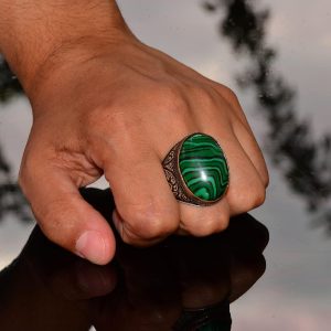 Doğal Malakit Taşı Erkek Yüzüğü - Büyük 925 Ayar Gümüş El Yapımı Yüzük - Görsel 7