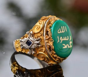 Erkekler için Gümüş İslami Yüzük - Müslüman Dini Hediye, Altın Kaplama, Yeşil Taş - Görsel 4