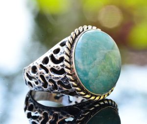 Doğal Amazonit Yuvarlak Taş Yüzük, Gümüş Erkek Yüzüğü - Görsel 4