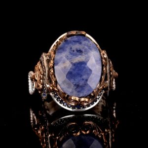 El Yapımı 925 Ayar Gümüş Erkek Yüzük, Gerçek Taş Yüzük, Aslan Tasarımı, Altın Kaplama Doğum Taşı Yüzüğü (Sodalit) - Görsel 6