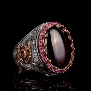 925 Ayar Gümüş Erkek Yüzük Doğal Granat Taşı - El Yapımı İfadesel Yüzük - Görsel 6