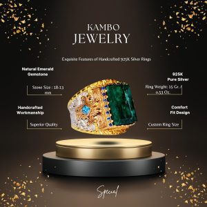 925 Ayar Gümüş Erkek Yüzük, Kral Yüzük, Doğal Dikdörtgen Zümrüt Taş - Görsel 2