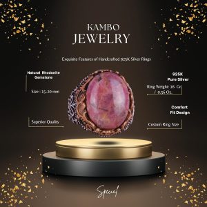 Gerçek Doğal Taş El Yapımı Yüzük - 925 Ayar Gümüş El Yapımı Yüzük - Şık Farklı Yüzük (Rodonit) - Görsel 2