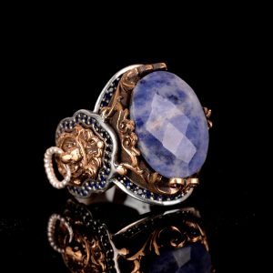 El Yapımı 925 Ayar Gümüş Erkek Yüzük, Gerçek Taş Yüzük, Aslan Tasarımı, Altın Kaplama Doğum Taşı Yüzüğü (Sodalit) - Görsel 4