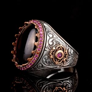 925 Ayar Gümüş Erkek Yüzük Doğal Granat Taşı - El Yapımı İfadesel Yüzük - Görsel 5