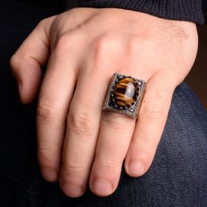 Gerçek Doğal Kaplan Göz Taşı Yüzük, 925 Ayar Gümüş Yüzük - Görsel 6