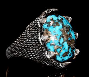 Sterling Gümüş Erkek Yüzük - Arizona Turkuaz Doğal Taş - Şahin Pençesi Tasarımı (Model-2) - Görsel 4