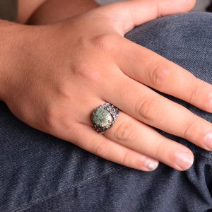 Gerçek Doğal Arizona Turkuaz Taşı Yüzük, Erkekler İçin Hediye, 925 Ayar Gümüş Yüzük, Minimalist Yüzük (Stil-9) - Görsel 3