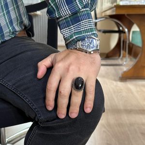 El Yapımı Doğal Taş Yüzük, 925 Ayar Gümüş Erkek Yüzük ile Osmanlı Mührü - Görkemli ve Şahane Tasarım (Obsidyen) - Görsel 3