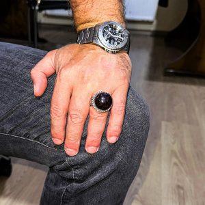 925 Ayar Gümüş Erkek Yüzük Doğal Yıldız Garnet Taşı - Nadir İşlenmemiş Garnet Kaboşon - Görsel 3