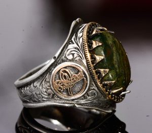 Doğal Kan Taşı Erkek Yüzüğü - 925 Ayar Gümüş Osmanlı İmparatorluğu Tuğra Tasarımı - Görsel 5