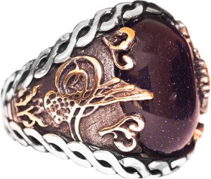 925 Ayar Gümüş Erkek Yüzük - Gece Yıldızı Mavi Yapay Taş - Şık El Yapımı Takı - Osmanlı İmparatorluğu Tugrası - Görsel 1