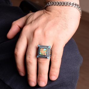 Gerçek Doğal Arizona Turkuaz Taş Yüzük, Kral Yüzük, Vintage Yüzük, El Yapımı Yüzük, 925 Ayar Gümüş Yüzük için Erkekler - Görsel 6