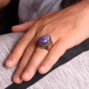 Doğal Ametist Taşlı Yüzük, Süleyman Mührü Yüzüğü - Spiritüel 925K Katı Gümüş Erkek Yüzüğü - Görsel 3