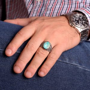 Gerçek Doğal Arizona Turkuaz Taşlı Yüzük, Erkekler İçin Hediye, 925 Ayar Gümüş Yüzük, Minimalist Yüzük (Stil-2) - Görsel 6