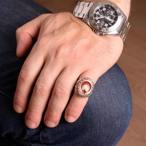 925 Ayar Gümüş Erkek Yüzük, Bronz Hilal ve Yıldız ile Osmanlı Tarzı Türk Yüzük, Bronz Taş Tasarımı - Görsel 6