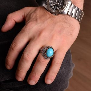 Gerçek Doğal Arizona Turkuaz Taş Yüzük, Kral Yüzüğü, Sultan Yüzüğü, 925 Ayar Gümüş Yüzük Erkekler İçin - Görsel 3