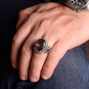 Mistik Topaz Yapay Taş, 925 Ayar Gümüş Erkek Yüzük, El Yapımı Erkek Yüzüğü - Görsel 3