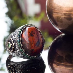 El Yapımı Gümüş Erkek Yüzük, Gerçek Doğal Taş Yüzük (Kan Taşı) - Görsel 3